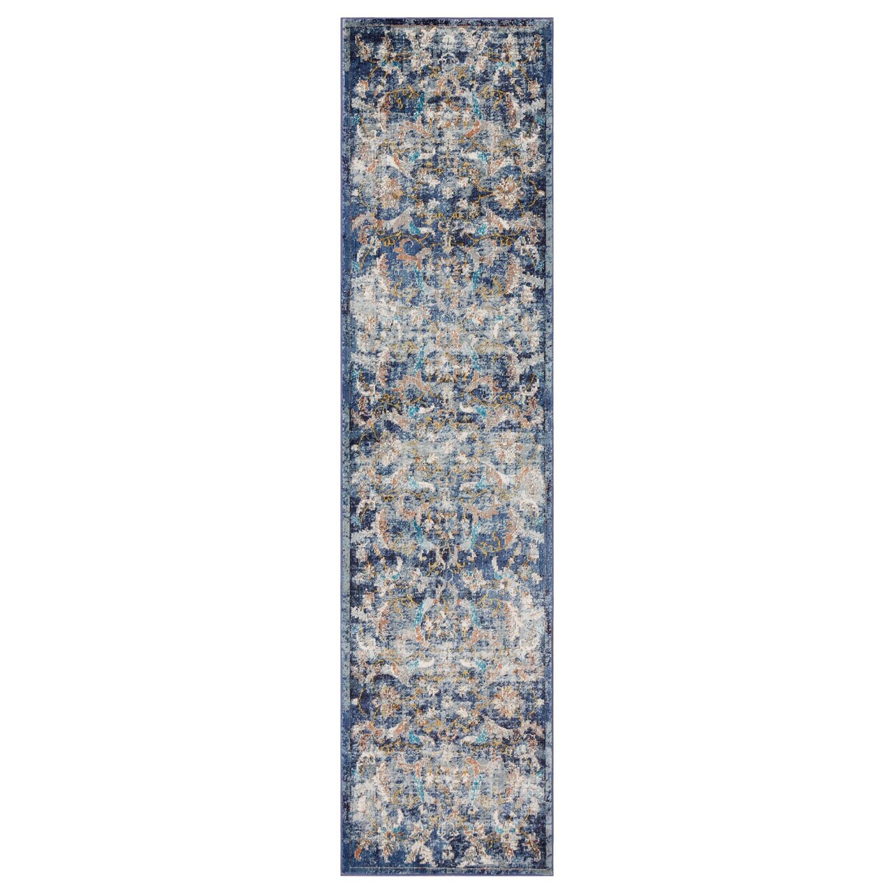 Laddha Home Designs 2.25' x 8.75' Navy Blue and Yellow Jacobean Rectangular Rug Runner